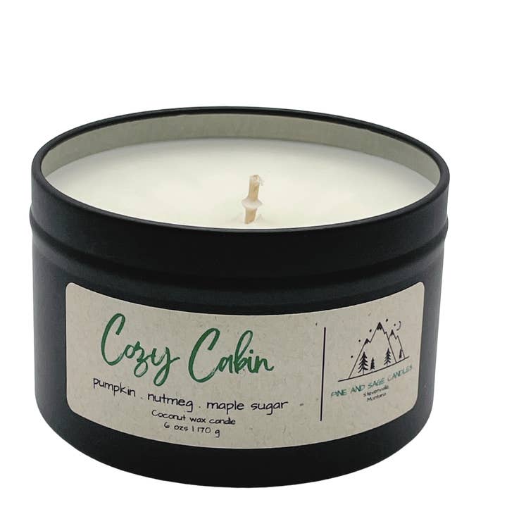 Pine and Sage Candles - Wholesale Travel Candles - Cozy Cabin - 6 oz Black Matte Candle Tin1