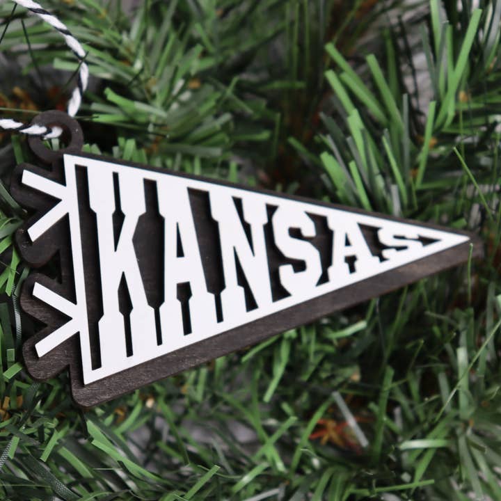 Kansas Pennant Layered Wood Christmas Ornament for wholesale by The Trendy Traveler