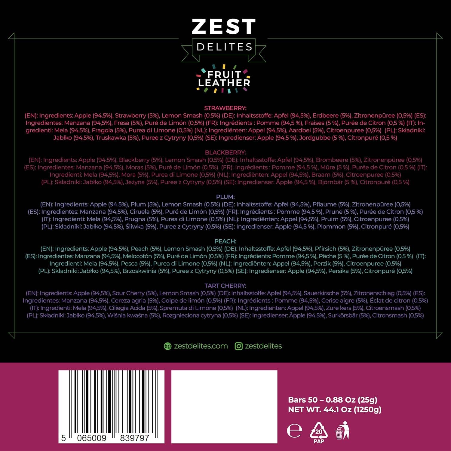 Zest Delites - Wholesale Fruit Snacks - Zest Delites Fruit Leather Snacks 0.88 oz x 50 packs7