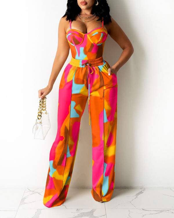 Flarix - Wholesale Top & Pant Set (NOT Loungewear) - Women's - Vibrant Abstract Print Bustier Two-Piece Set2