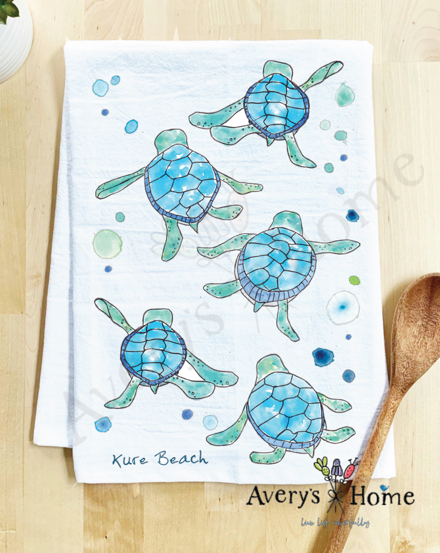 Avery's Home - Vente Torchons - Serviette de cuisine personnalisable avec adorables bébés tortues marchant sur la côte39