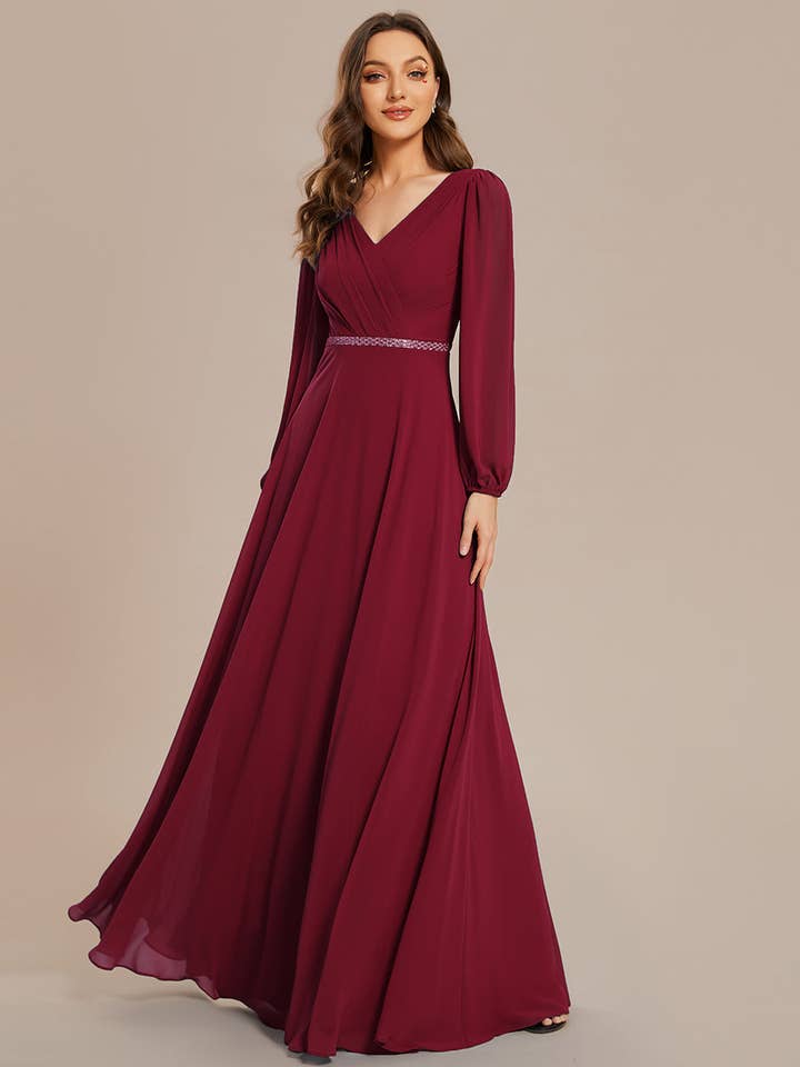 Ever-Pretty - Wholesale Gown - Women's - Elegant waisted chiffon V-neck Long Sleeve guest Dress16