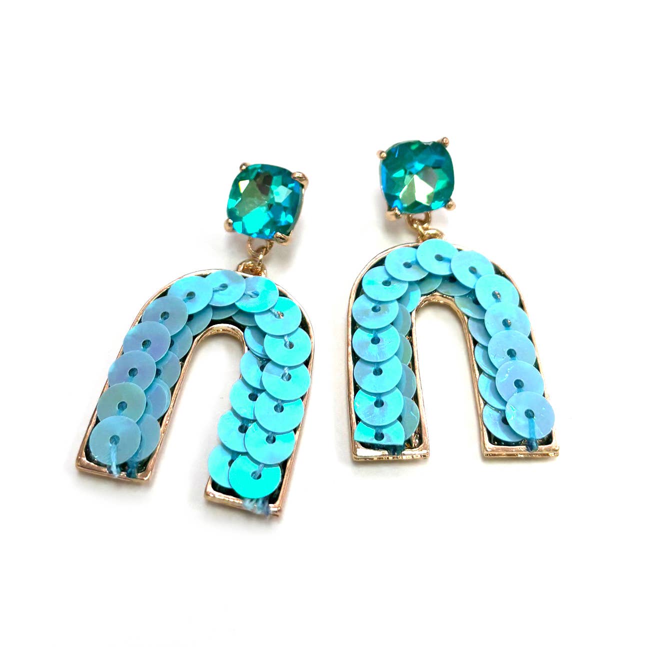 StarryNYC - Wholesale Dangle Earrings - Cushion Cut Stone Post with Arch Sequin Dangle Earrings5