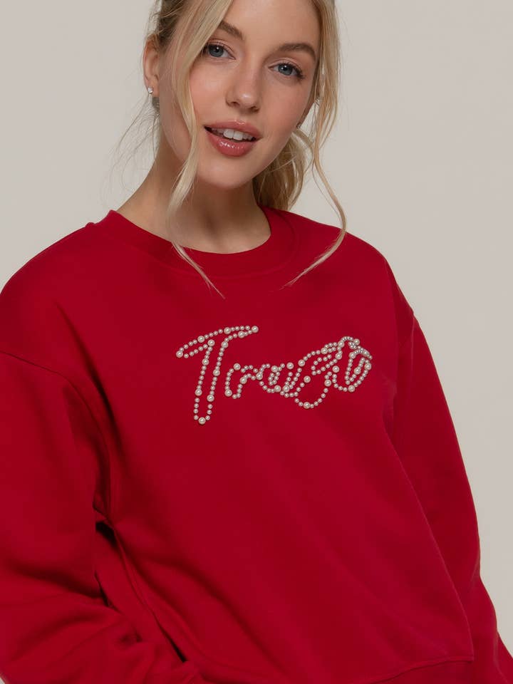 Long Sleeve Crew Neck Pearl Letter Inner Fleece Sweatshirt for wholesale by Active Basic | Active USA