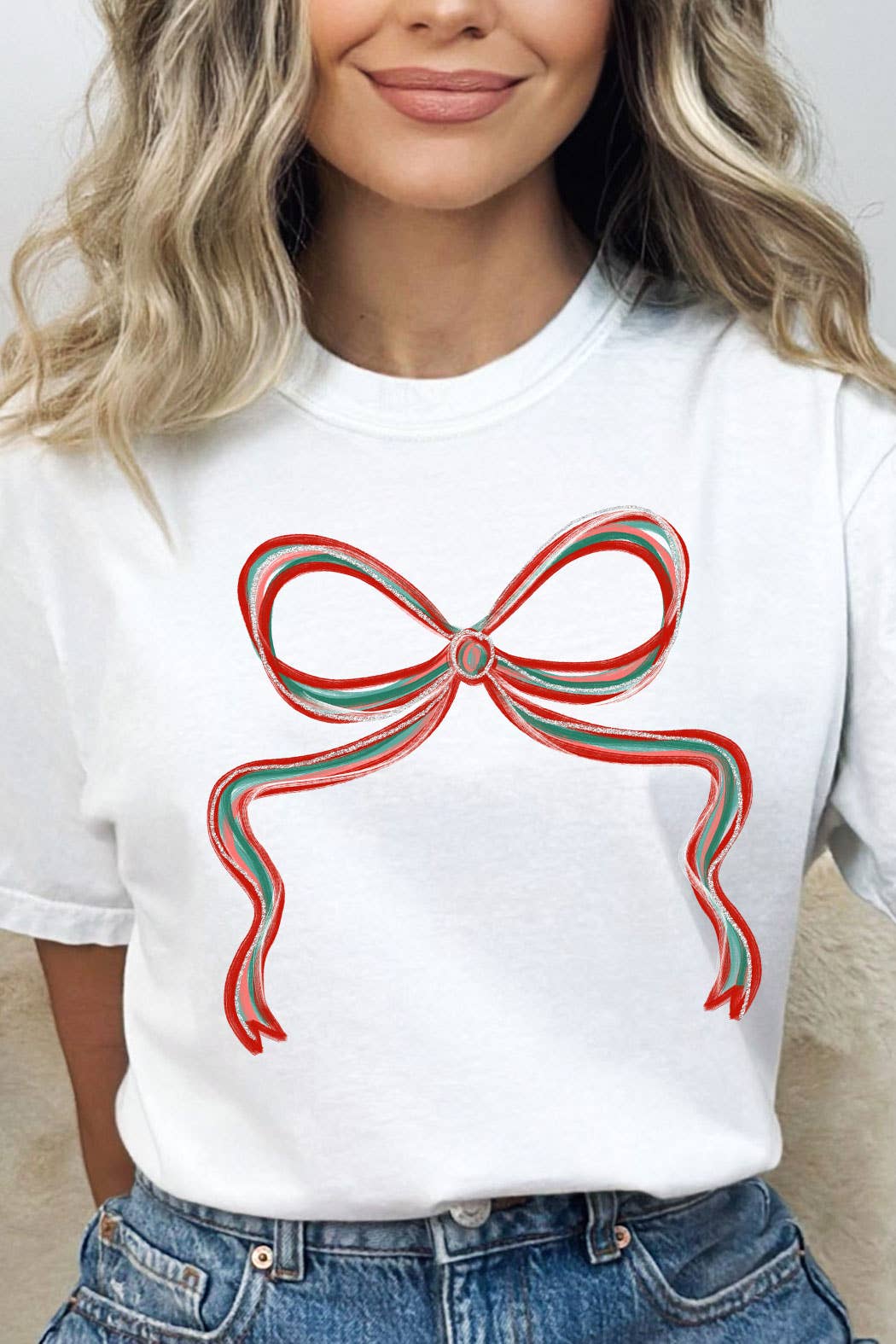 Kissed Apparel – wholesale Screen printed t-shirt – Women′s – Teal And Red Christmas Bow Comfort Colors Tee9