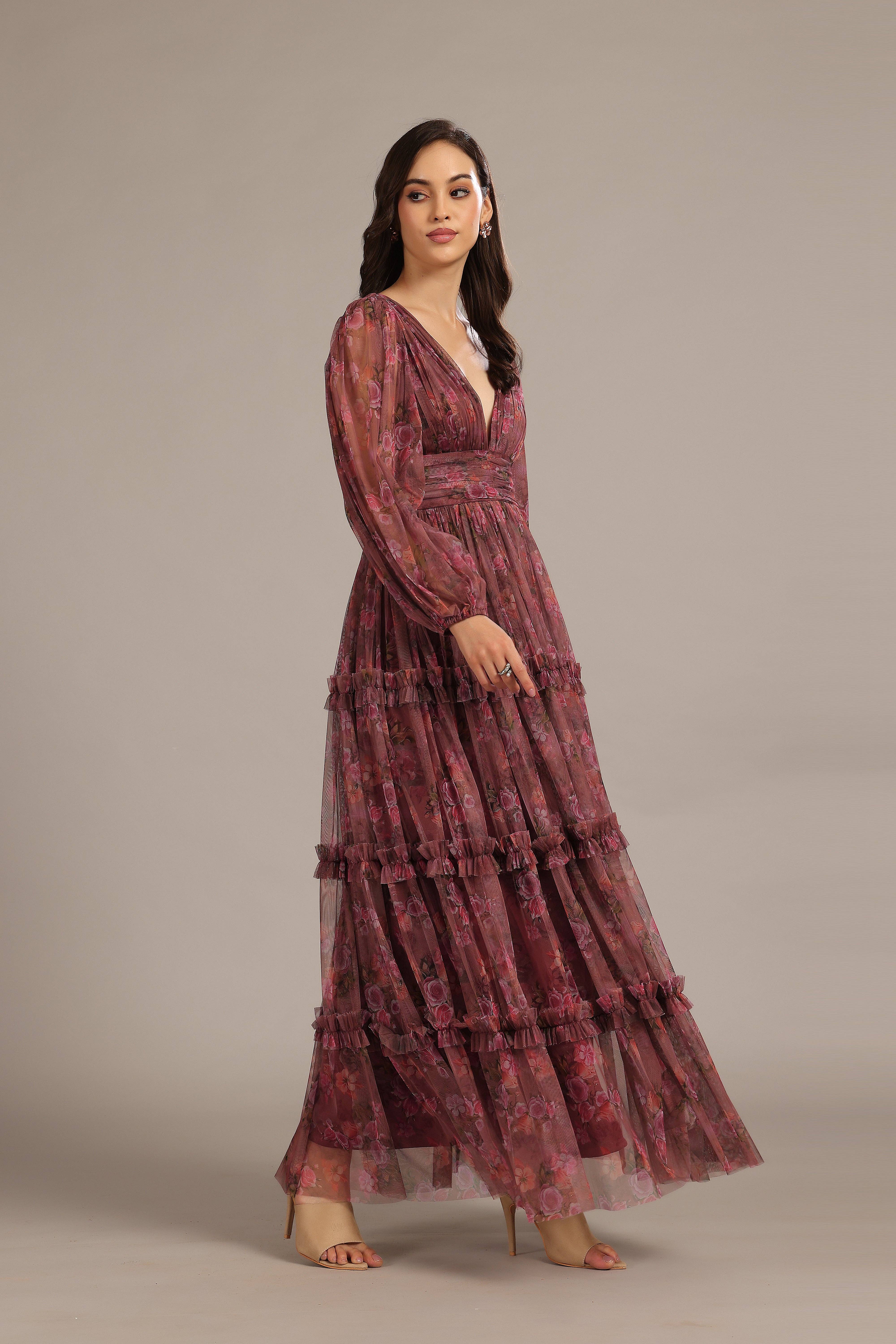 Viola Floreale Abito Maxi Lydia Tulle in Floreale Viola in vendita all'ingrosso su Faire3