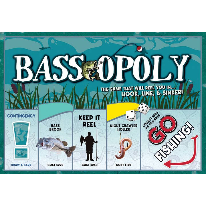 Jeu de société Bass-Opoly, par Late for the Sky pour la vente par Outset Games and Cobble Hill Puzzles