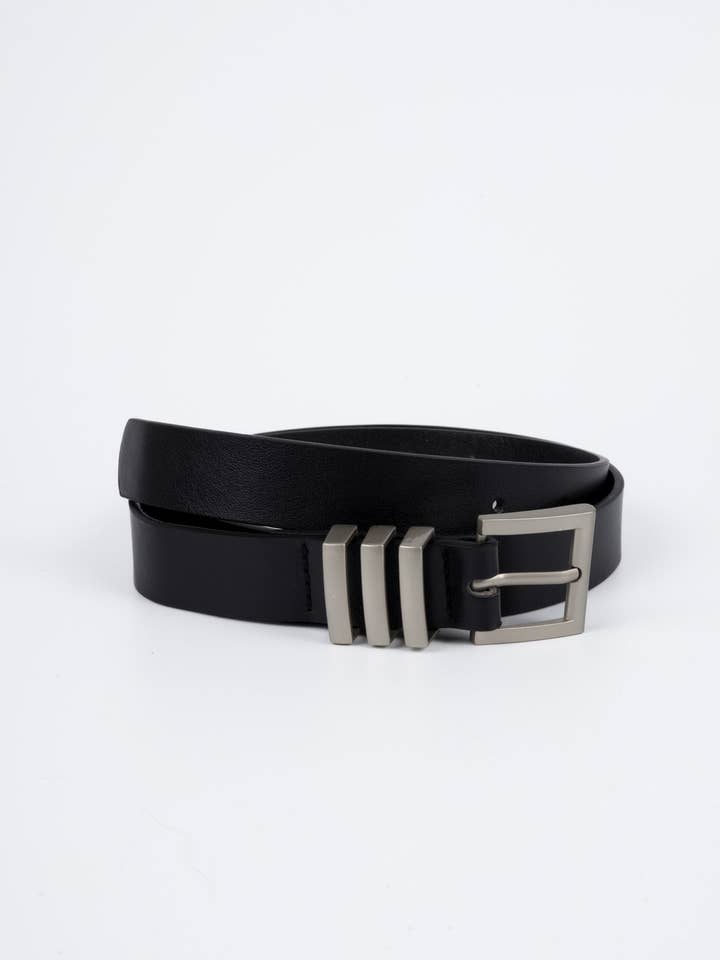 Vegan PU Leather Belt - Marseille - Chunky Square Buckle - Silver / Black - 105cm for wholesale by Nakoa The Label