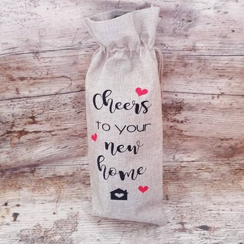 CHEERS TO YOUR NEW HOME - BURLAP BOTTLE GIFT BAG for wholesale by HEATHER'S HOME