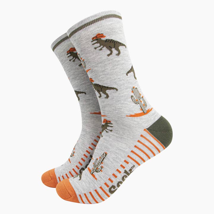 Men's Bamboo Socks - Grey, T-Rex Cowboy for wholesale by Sock Talk