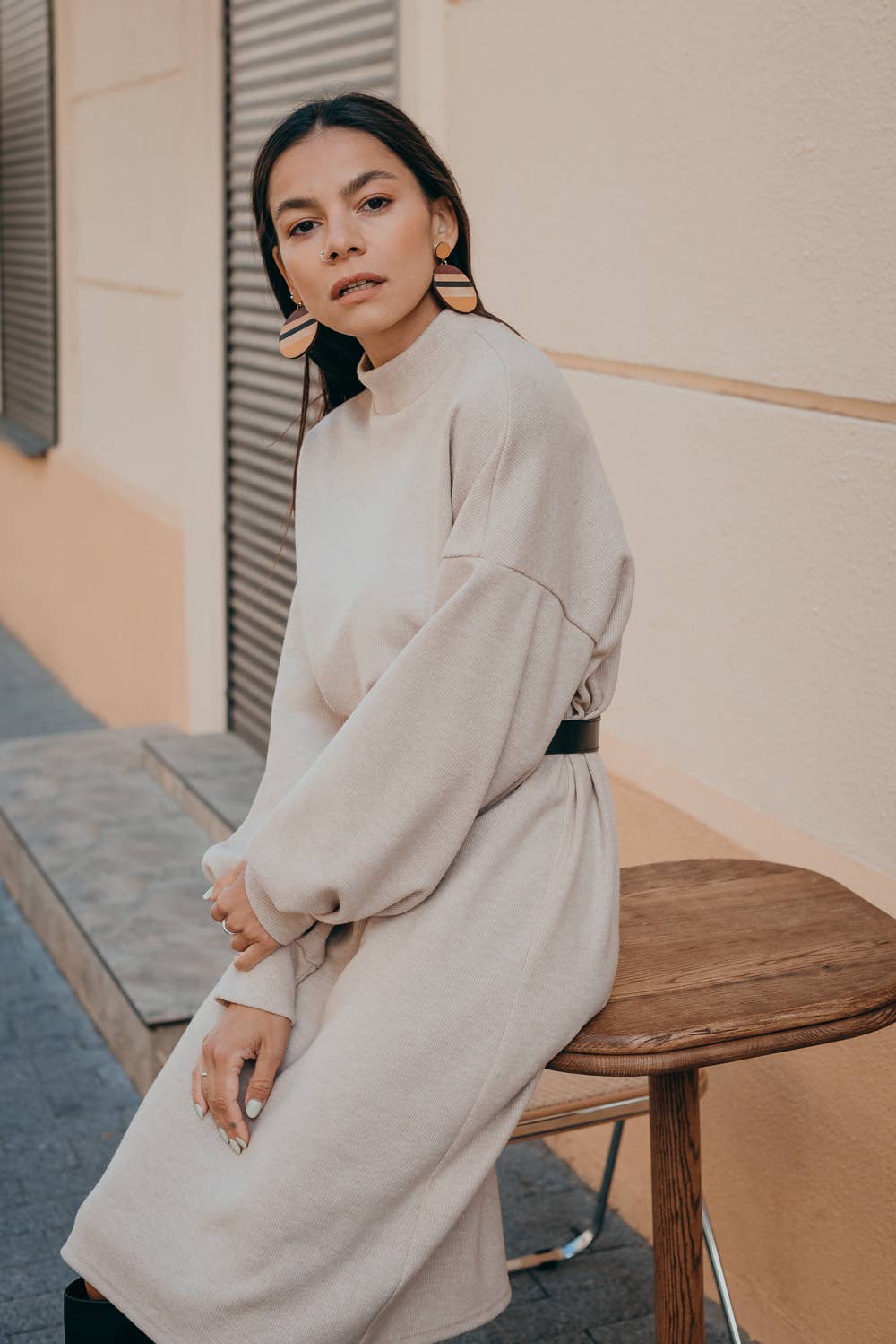 Azuri - Wholesale Dress - Women's - Beige Angora Straight Dress2