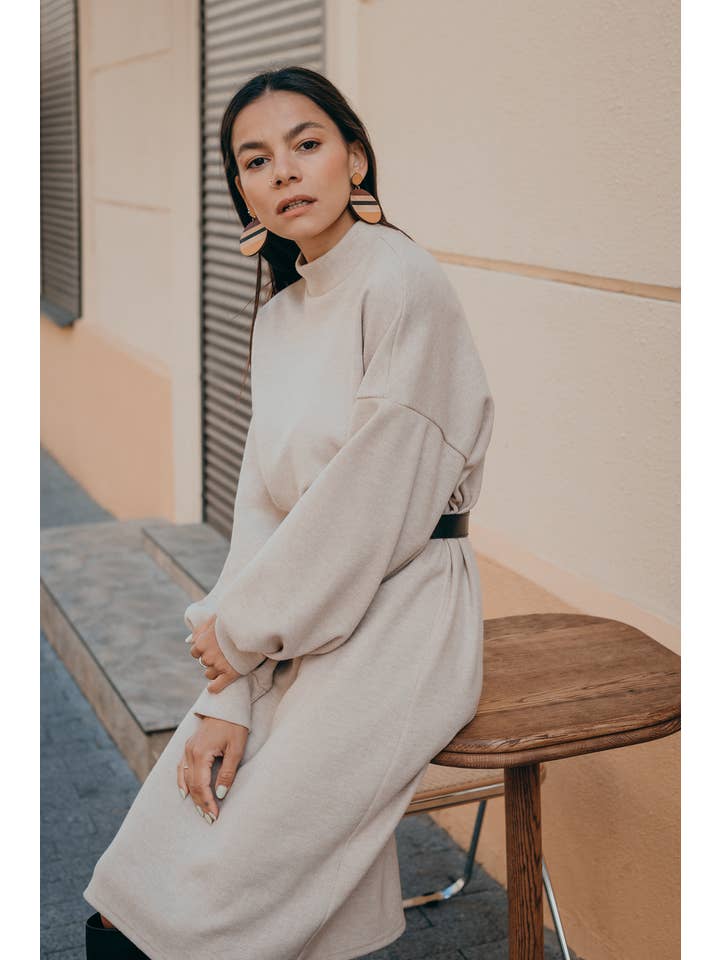 Azuri - Wholesale Dress - Women's - Beige Angora Straight Dress2