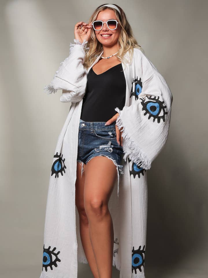 Moa - Wholesale Kaftan - Women's - Blue Evil Eye Long Kaftan Kimono3