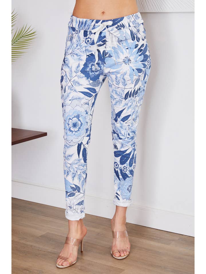 BLUE TROPICAL PRINT CRINKLE JOGGERS (6175-BLUETROPICAL) for wholesale on Faire