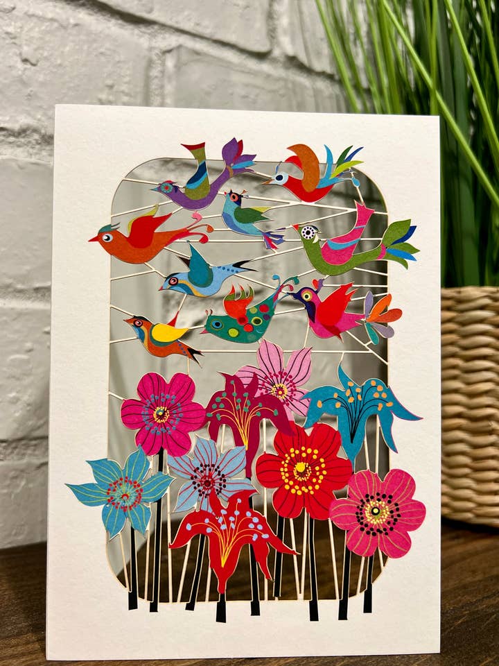 Birds flying over flowers laser cut card for wholesale by Shadywood Designs