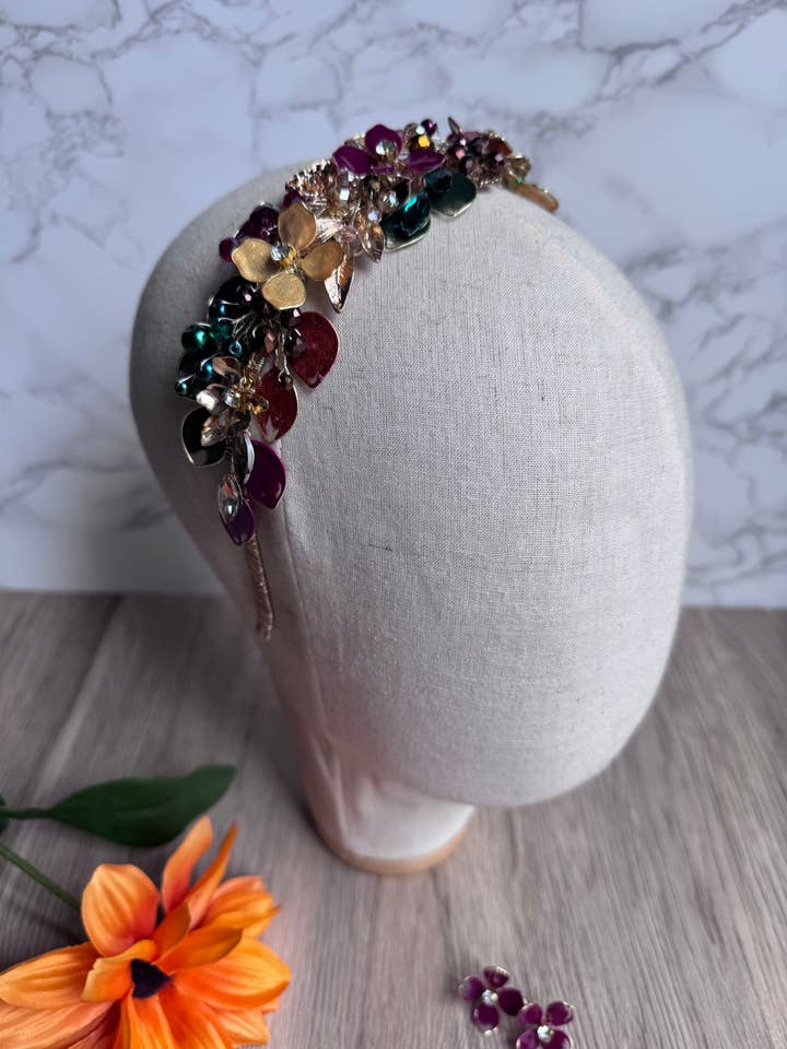 Burgundy, Green and Gold wedding guest headpiece for wholesale by Preciuspearls