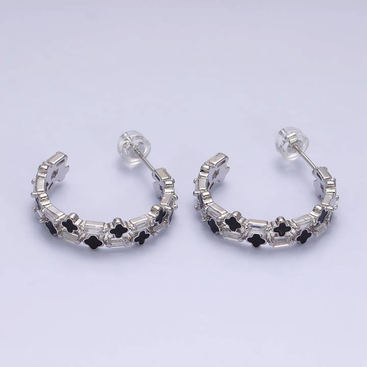 Double Black Quatrefoil Clover Clear Baguette Hoop Earrings for wholesale by Aim Eternal