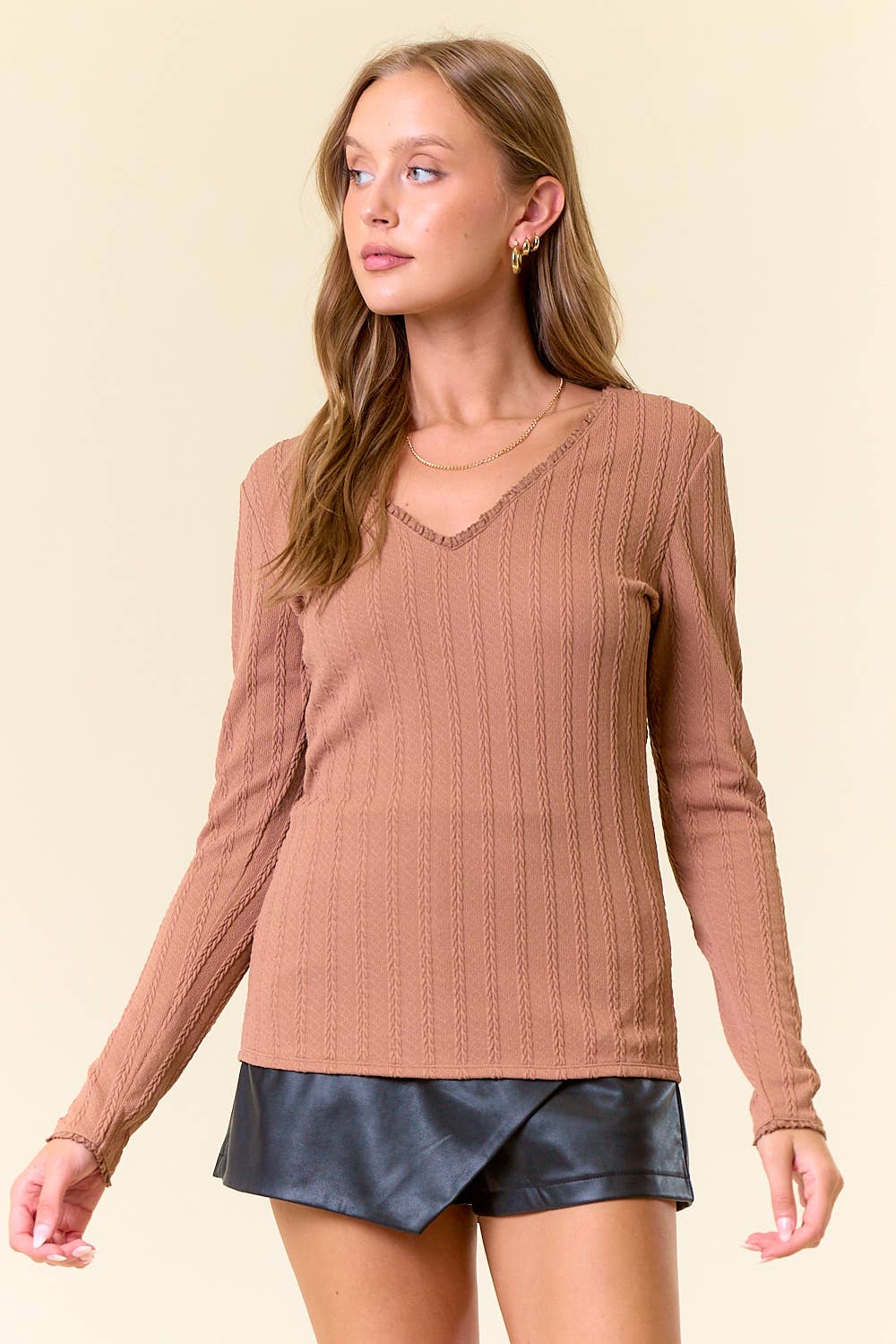 Doe and Rae - Wholesale Knit Top - Women's - Knit Lace Trimmed V-Neck Long Sleeve Tee - 44715T0