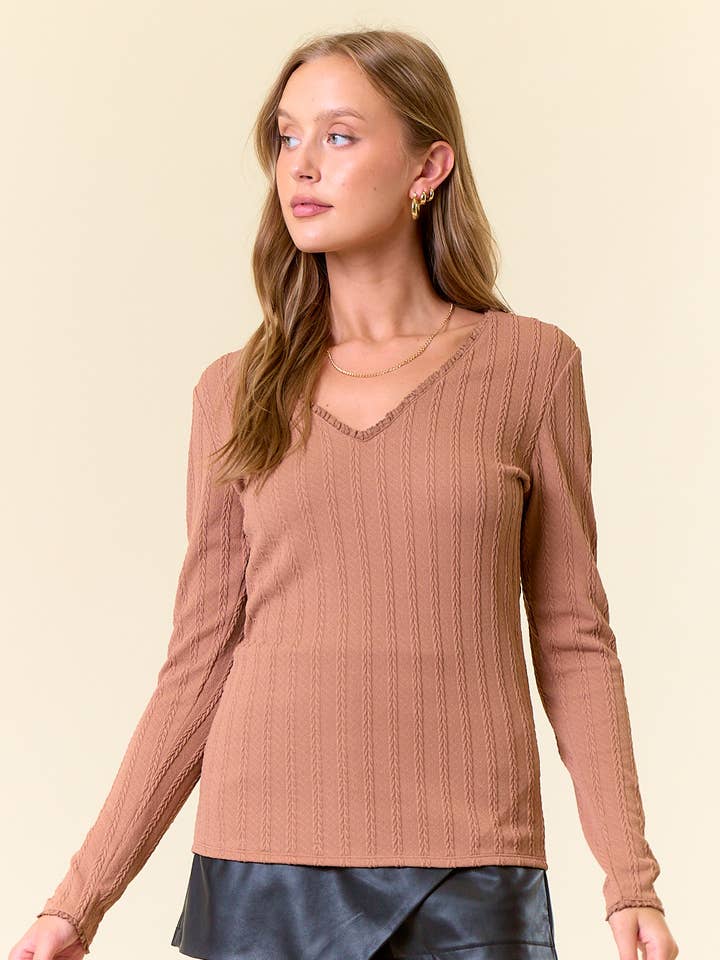 Doe and Rae - Wholesale Knit Top - Women's - Knit Lace Trimmed V-Neck Long Sleeve Tee - 44715T0