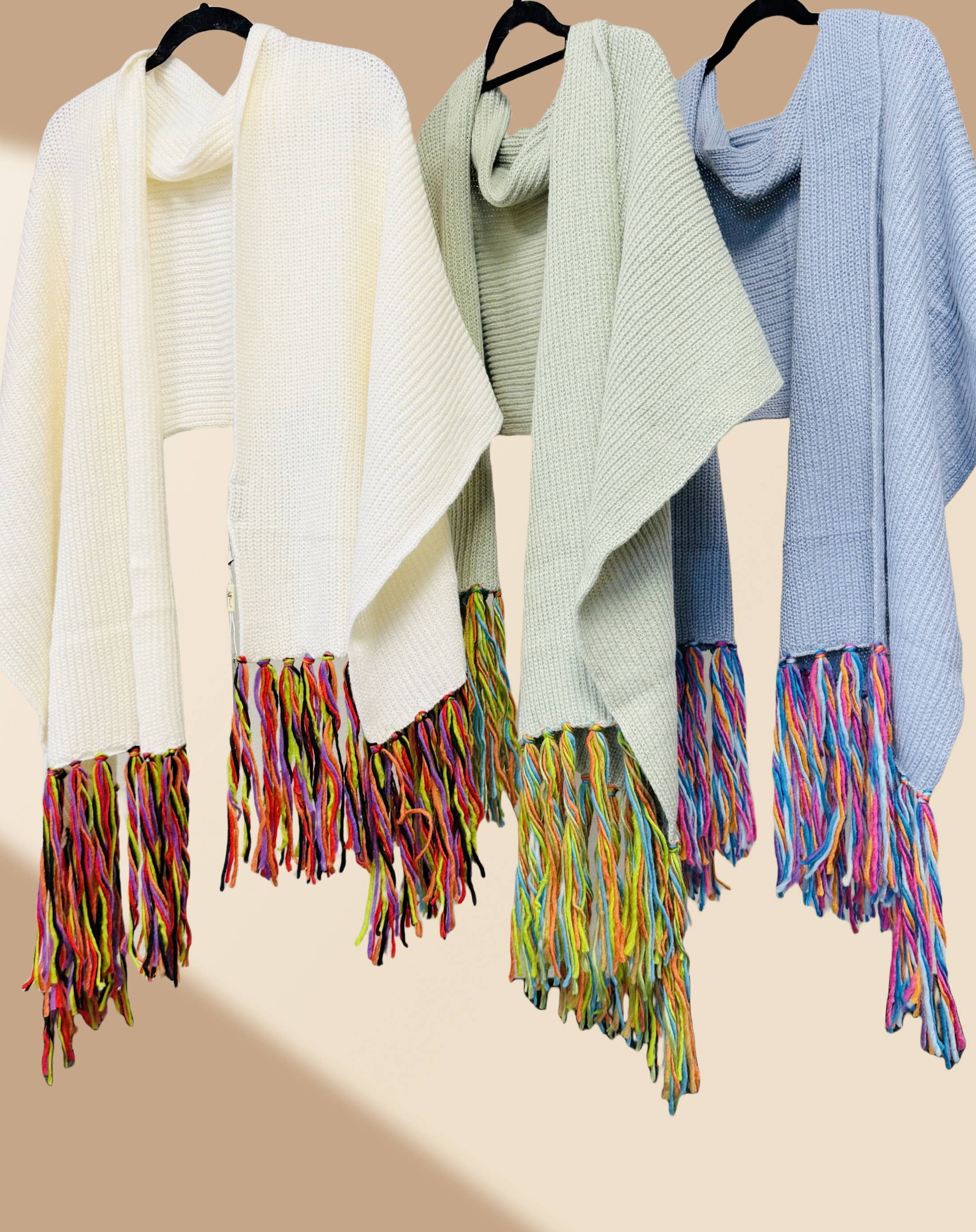 JC Sunny Fashion - Wholesale Scarf - Women's - JC023327 Cozy Knit Scarf with Handcrafted 10” Multicolor Tassels10