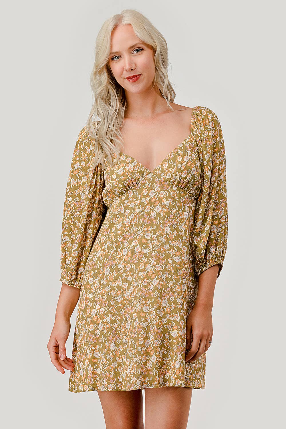 Olive Combo Floral Casual Mini Dress, WD62070 for wholesale on Faire