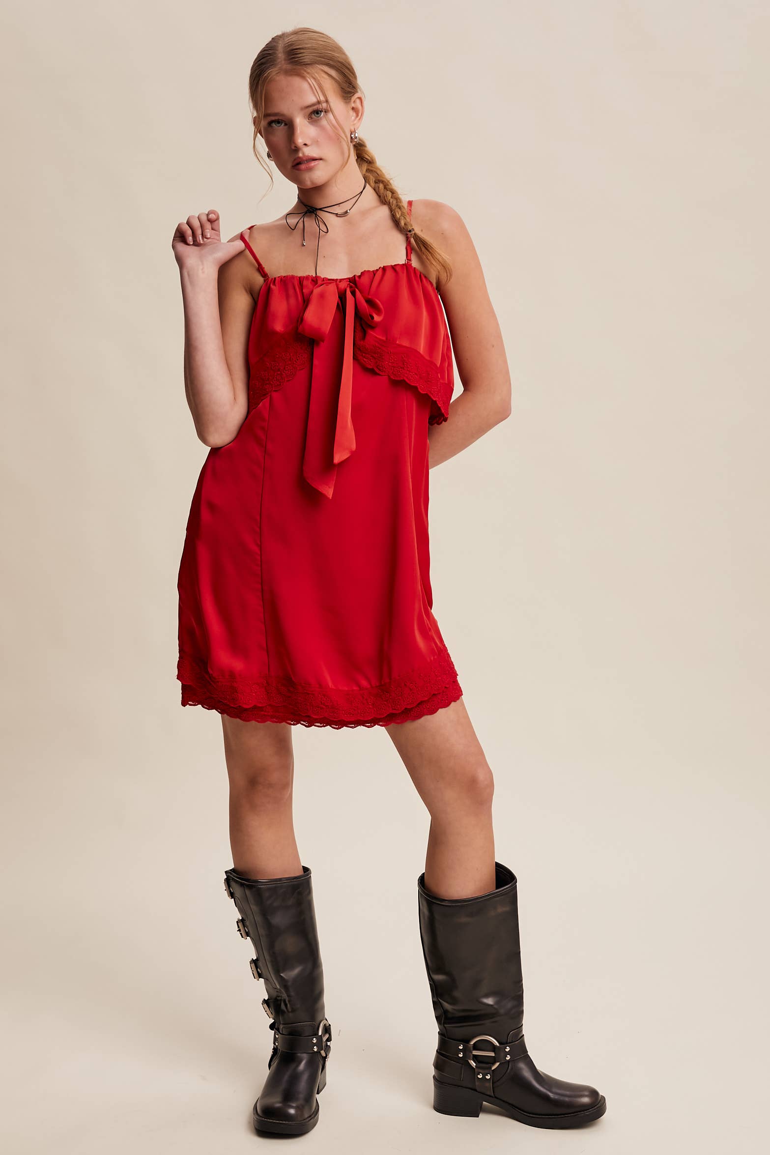 Listicle - Wholesale Dress - Women's - Bow Front Lace Trim Mini Dress LD106334