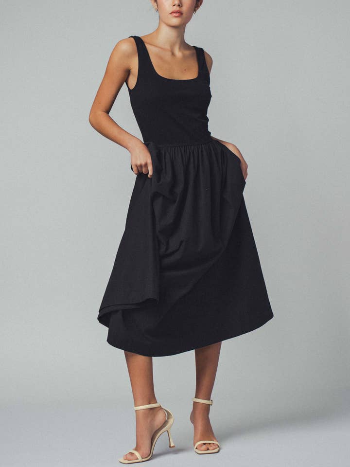 Urban Daizy - Wholesale Dress - Women's - Elegant Square Neck Cotton Blend Gathered Waist Midi Dress