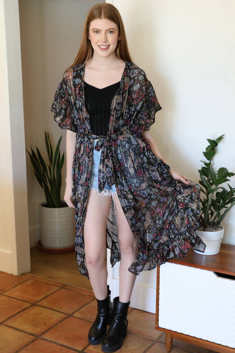 ANGIE – wholesale Kimono – Women's – H2235-RU11 LUREX CHIFFON RUFFLE KIMONO WITH BELT1