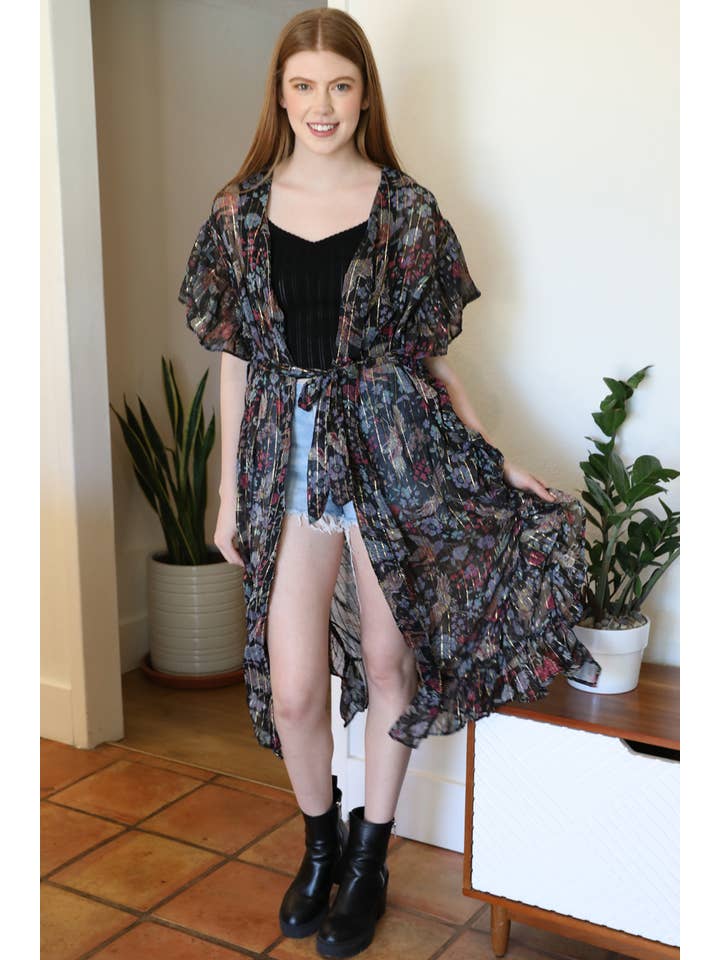 ANGIE – wholesale Kimono – Women's – H2235-RU11 LUREX CHIFFON RUFFLE KIMONO WITH BELT1