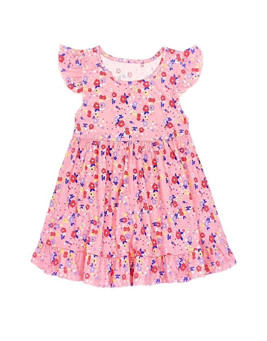 Lachsrot mit Blumenmuster TKD-310T-KEV104 Blumenkleid für Kleinkinder mit Rüschenärmeln für den Großhandel auf Faire1