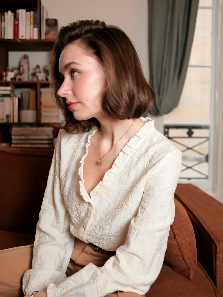 White Embroidered V-neck ruffled blouse - 4861T-GWENDOLYN for wholesale on Faire1