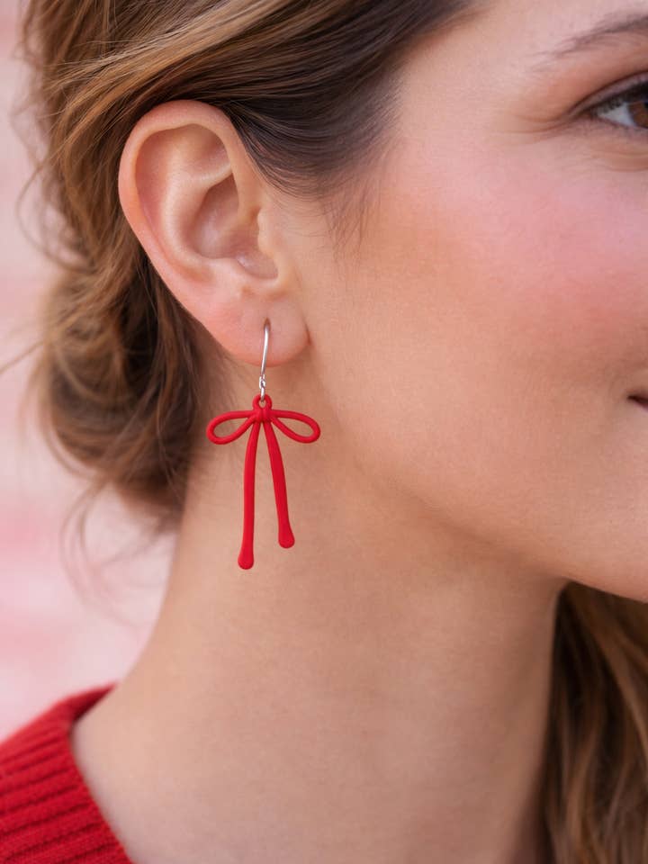 Red Metal Long Bow Earrings valentines Day Chiefs for wholesale by Baubles by B