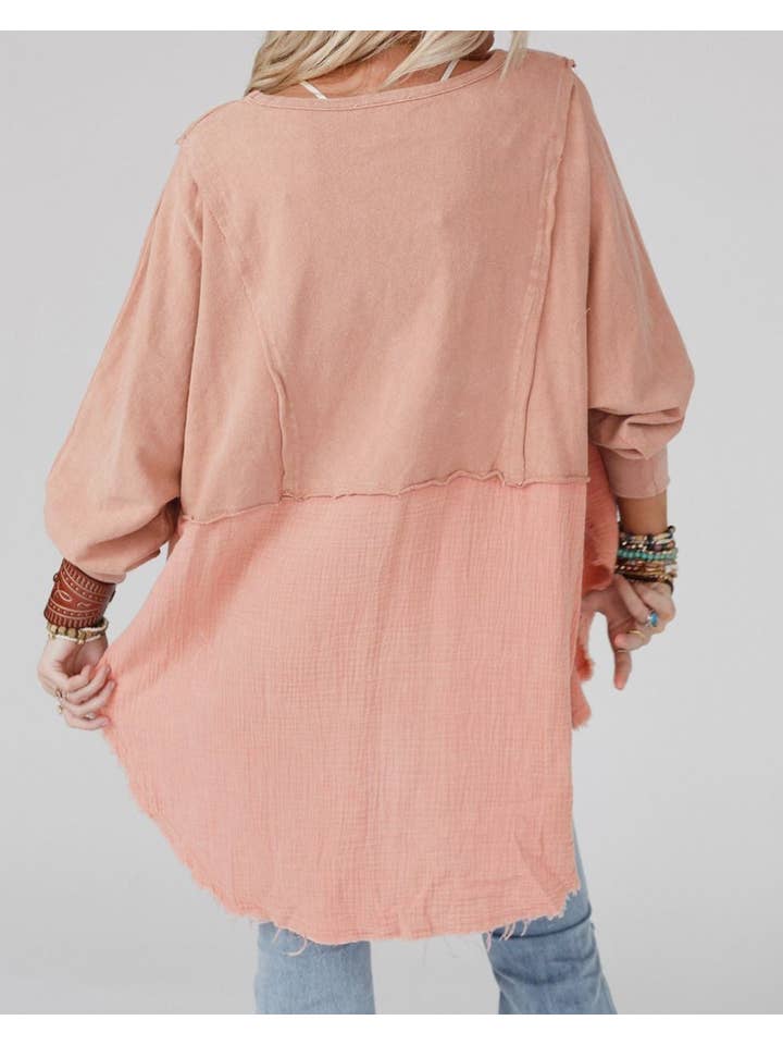 PRETTY BASH - Wholesale Tunic - Women's - Crinkle Patchwork Raw Edge Blouse