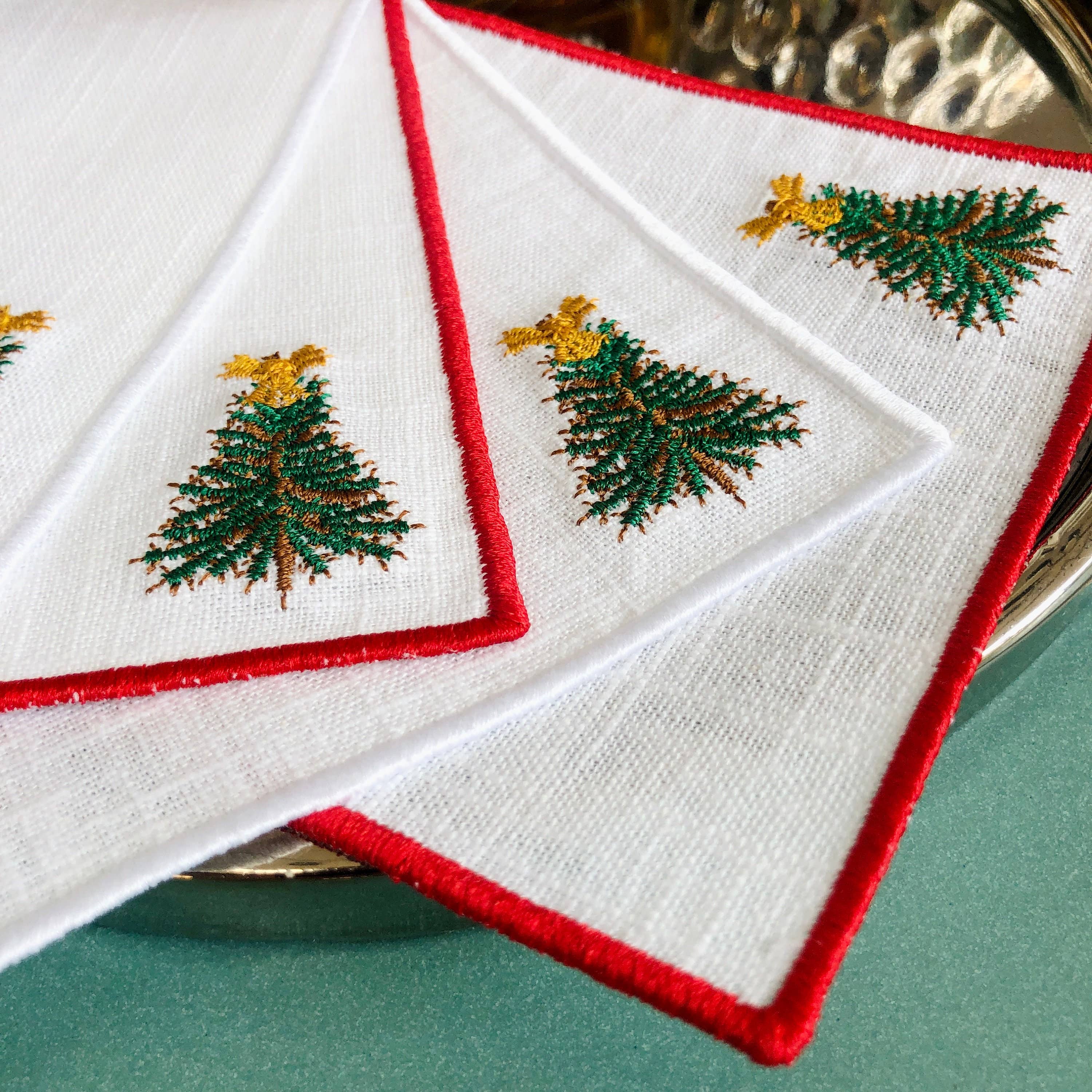 Belle Linen - Wholesale Dinner & Cloth Napkin - Set of 4 Christmas Tree Embroidered Cocktail Napkins6