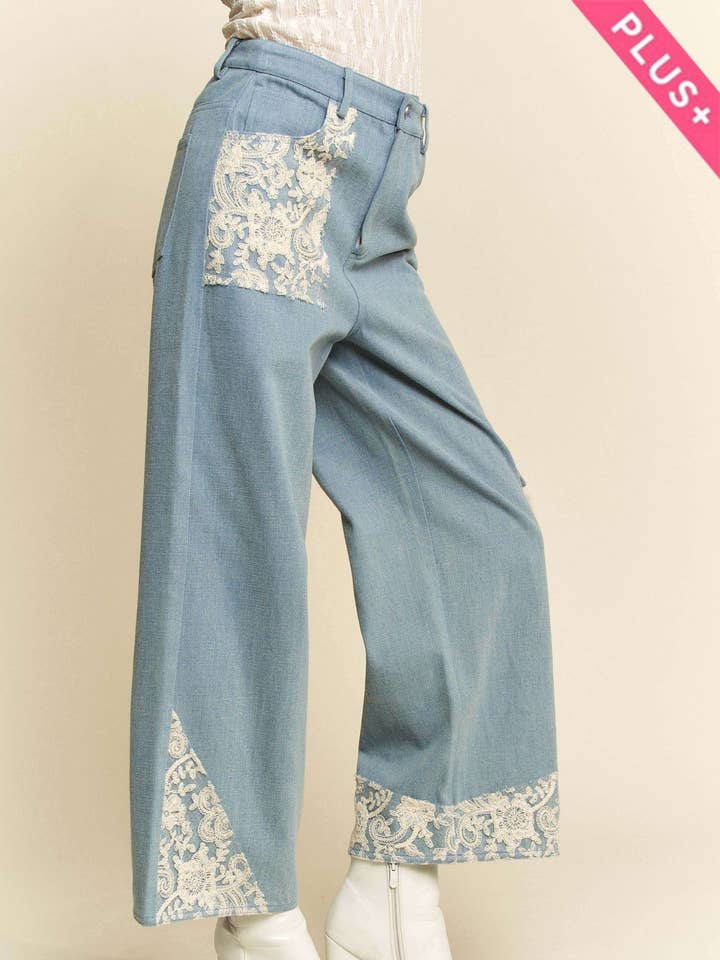 PLUS WIDE LEG DENIM PANTS LACE APPLIQUE DETAILS for wholesale by Davi & Dani