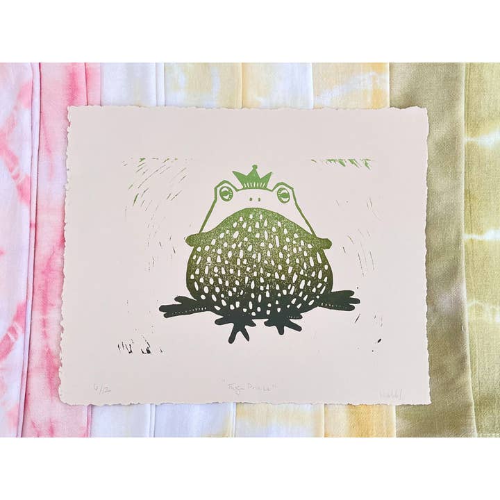 Frog Prince, Round Frog, Linocut Animal Prints for wholesale by Ashley Waddell Crafts