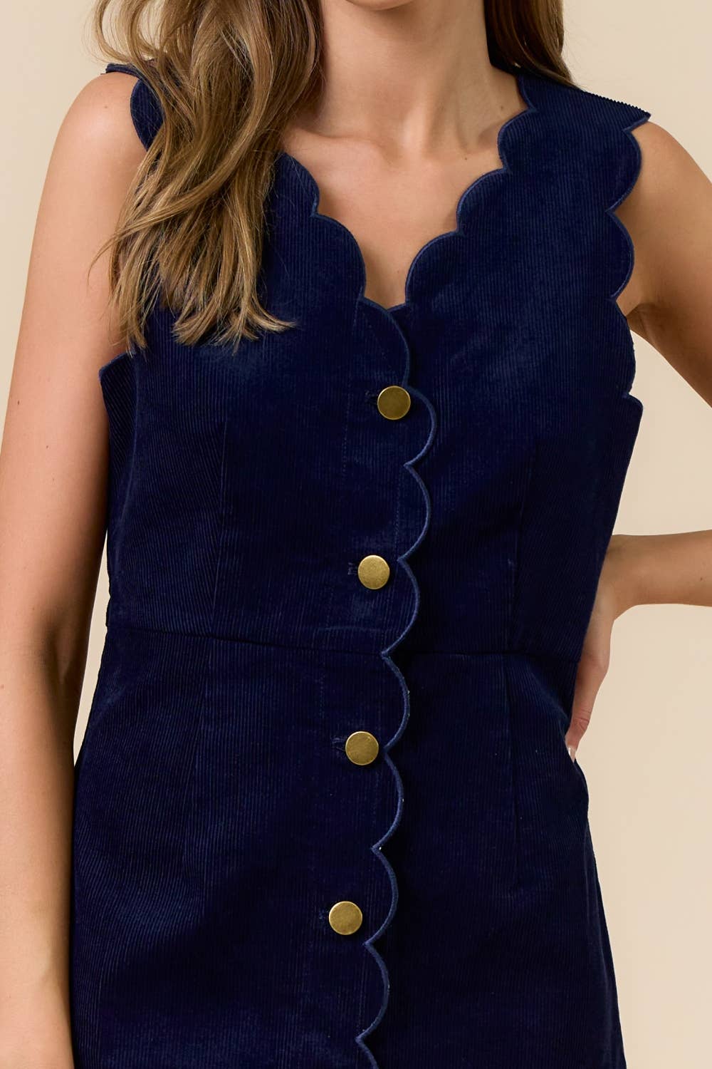 Navy Corduroy Scalloped Edge Mini Dress for wholesale on Faire1