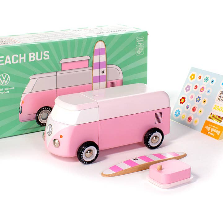 Candylab Toys – Engroshandel Legetøjsbil/lastbil - Børn – VW Beach Bus i pink med magnetic camper top og surfbræt1