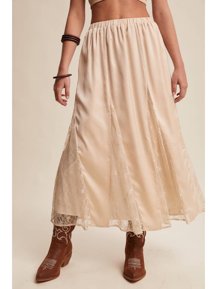 Listicle - Wholesale Skirt - Women's - Lace Inset Satin Midi Skirt LSK0272
