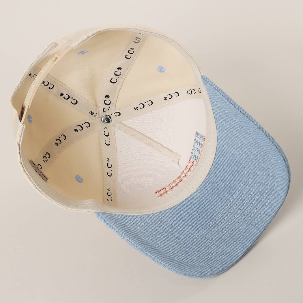 Floral American Flag Embroidered Two-Tone Denim Trucker Hat for wholesale on Faire7