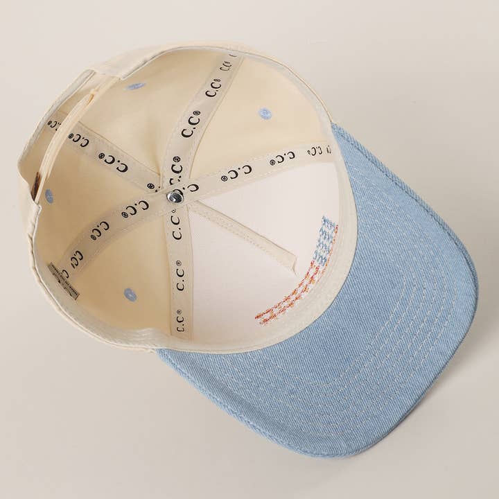 Floral American Flag Embroidered Two-Tone Denim Trucker Hat for wholesale on Faire7
