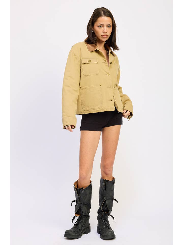 OLIVE KHAKI COMBO CHORE JACKET WITH POCKETS for wholesale on Faire7