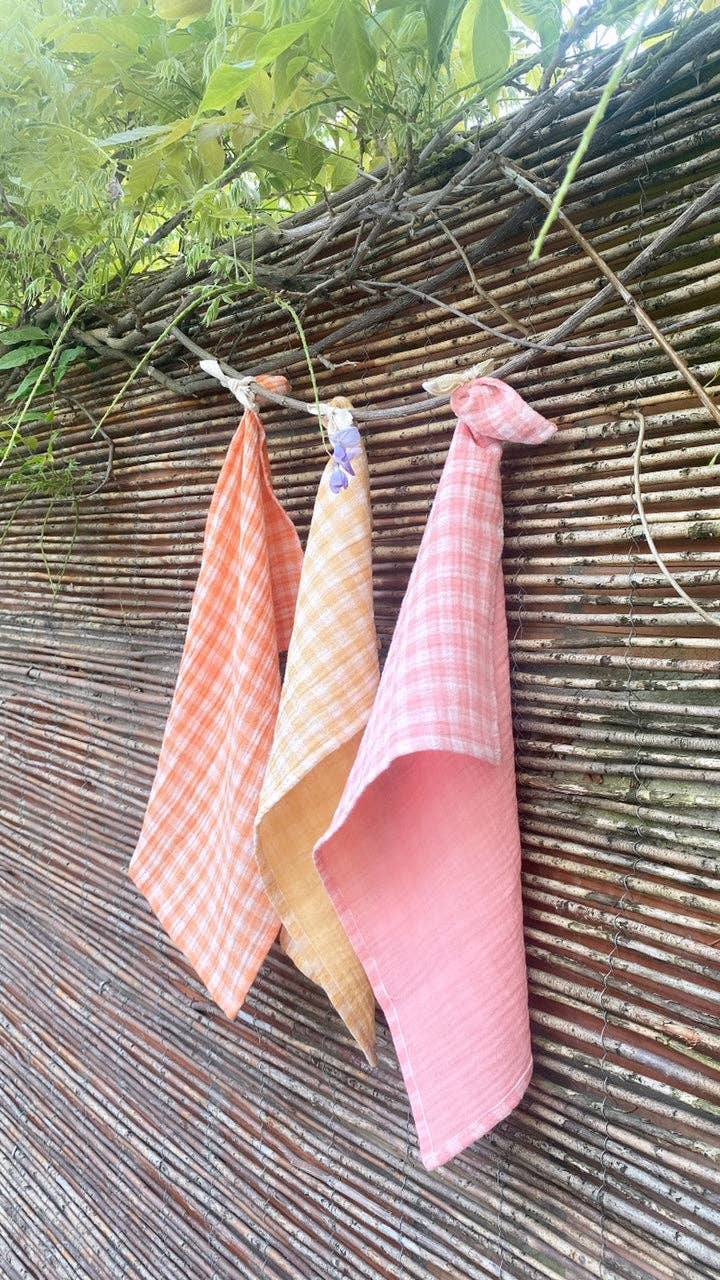 CHARMY - Wholesale Dishcloth - 3 hand towels in double gauze cotton fabric with Vichy Clémentine, Wheat, Candy Pink pattern made in France1