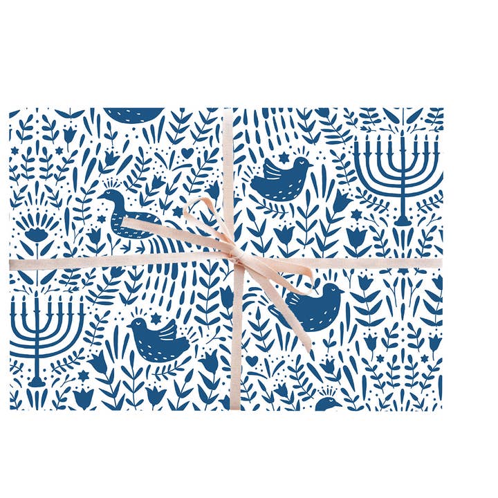 Paula & Waffle - Wholesale Wrapping Paper Roll - Blue Hanukkah Scene Gift Wrap - Rolls and Sheets0
