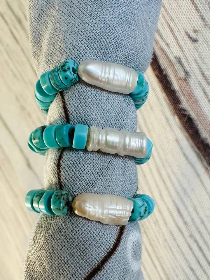 Keshi Pearl Turquoise Bandana Stretch Charm for wholesale by Boots Are My Roots