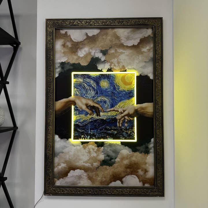 CityNeon - Vente Enseignes néon - Enseigne au néon Van Gogh X Création d'Adam - Art religieux moderne, Dieu et Adam illuminés, Décoration de chambre unique, Impression symbolique d'un artiste célèbre4