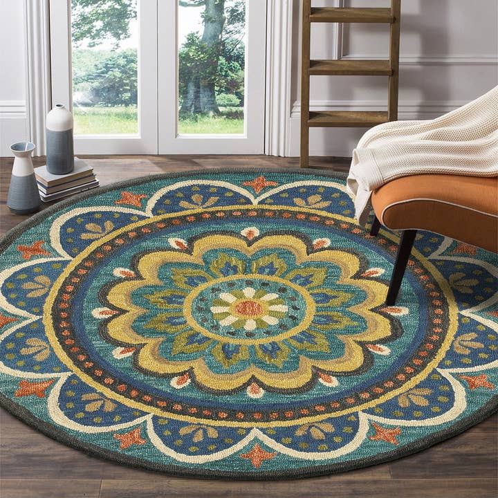 Tapis rond d'intérieur en laine tufté à la main Daniela Bordered Edge pour la vente par LR Home