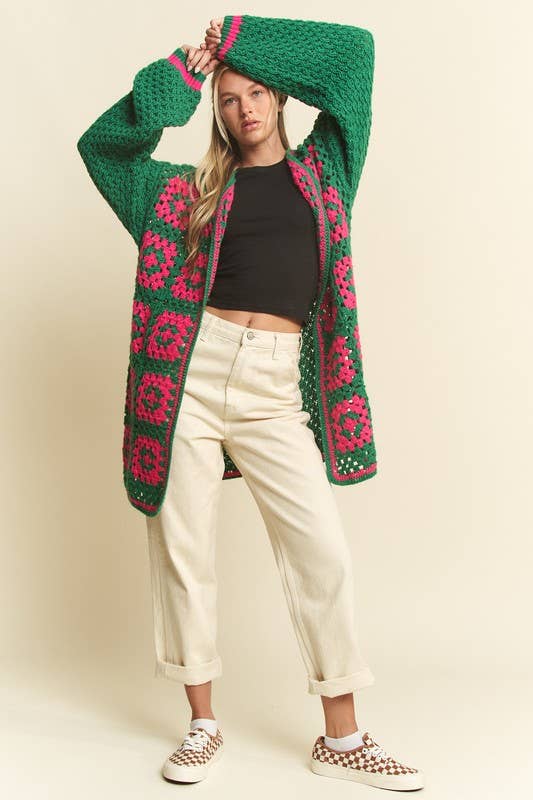 JADE BY JANE - Vente Cardigan – femme - Cardigan en maille ouverte bicolore en crochet carré à motif floral16