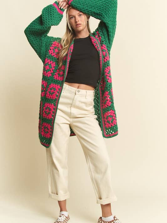 JADE BY JANE - Vente Cardigan – femme - Cardigan en maille ouverte bicolore en crochet carré à motif floral16