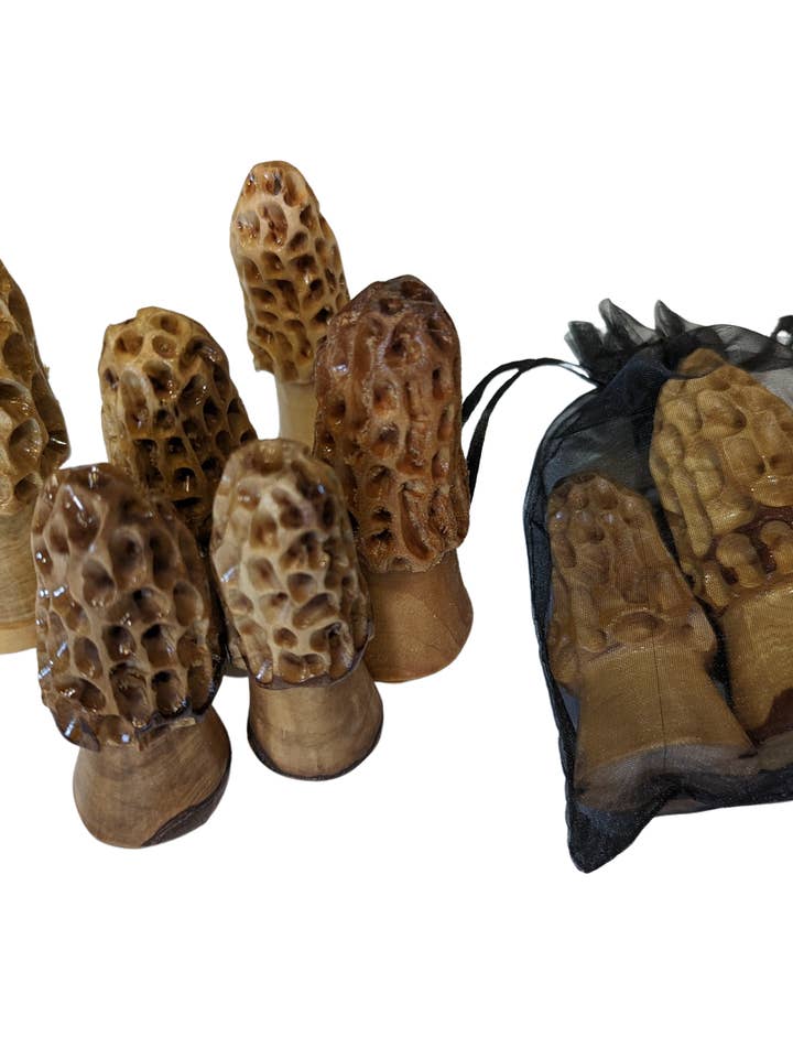 Bag of Morels, Set of 3 Morel Mushrooms, Hand-carved morel m for wholesale by Creation Carvings LLC